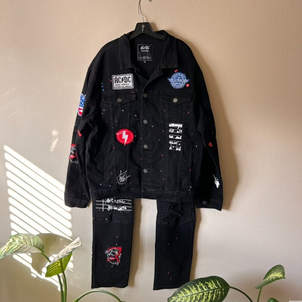 AC/DC Reason World Tour Commemorative black denim jacket XL & Pants jeans 40 - Picture 1 of 12